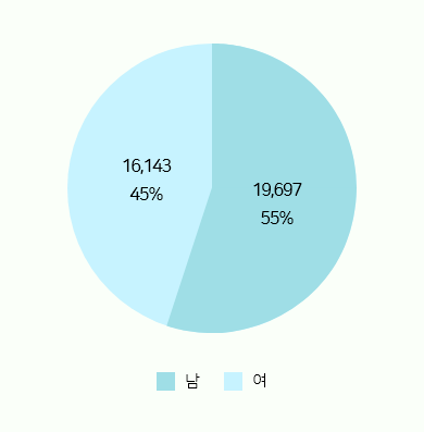 제주특별자치도의 등록 장애인은 남성 55%, 여성 45%로 남성이 더 많음